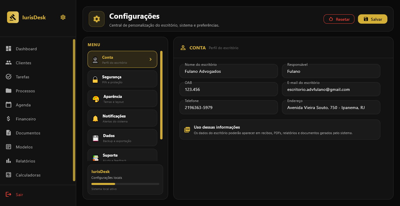 Prévia da tela de Configurações do IurisDesk